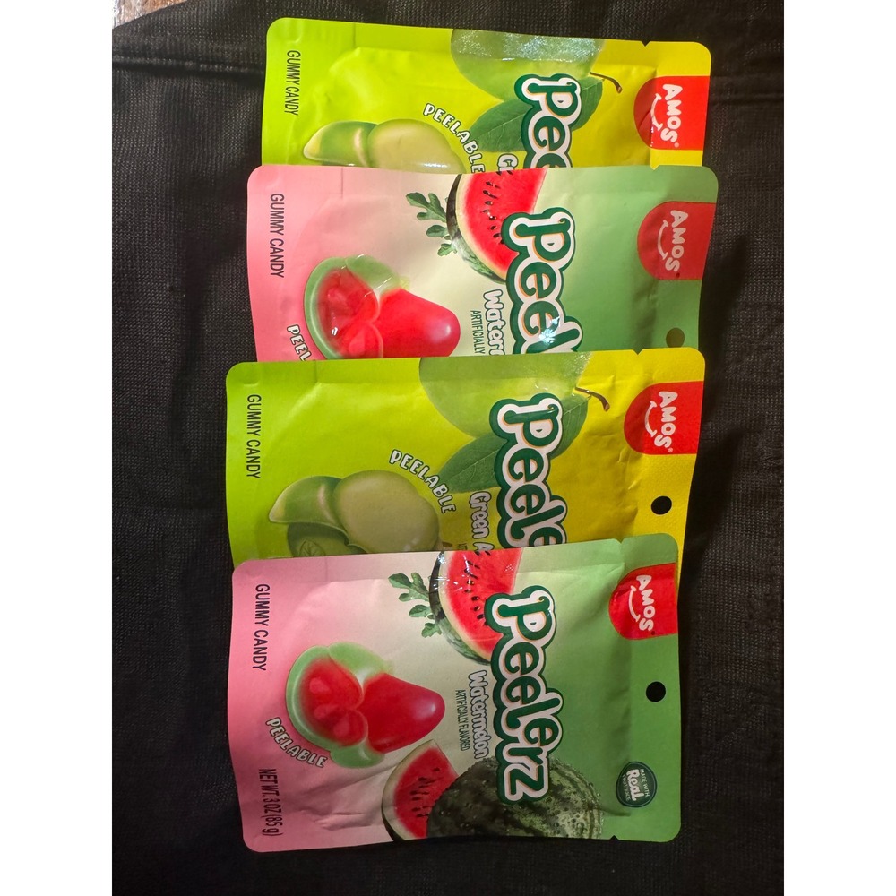 Amos Peelerz Gummy Candy 4 Pack Green Apple & Watermelon Peelable Gummy 3oz Bags